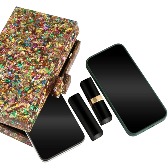 Abstract Glitter Hard Acrylic Clutch Bag Confetti Box Purse Gold Multi Crossbody
